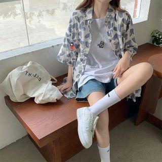 3/4-sleeve Heart Print Shirt