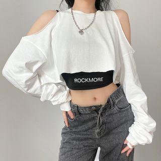 Set: Long-sleeve Cold-shoulder Cropped T-shirt + Lettering Camisole Top