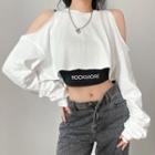 Set: Long-sleeve Cold-shoulder Cropped T-shirt + Lettering Camisole Top