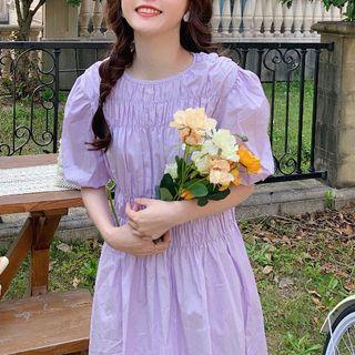 Puff-sleeve Crinkle Midi A-line Dress Light Purple - One Size