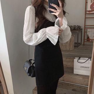 Flared-cuff Shirred Blouse / Spaghetti Strap A-line Dress