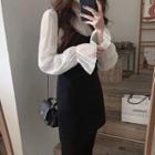 Flared-cuff Shirred Blouse / Spaghetti Strap A-line Dress