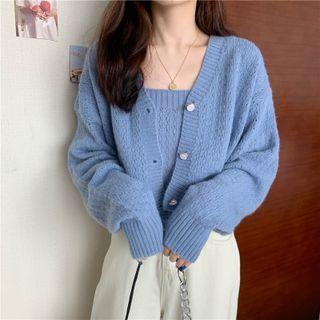 Set: Plain Loose-fit Cardigan + Sleeveless Knit Top