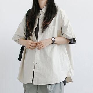 Color Block Pocket Elbow Sleeve Shirt