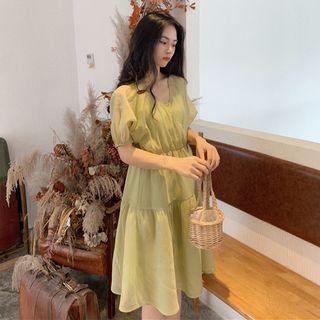 Mesh Panel Puff-sleeve A-line Dress Green - One Size