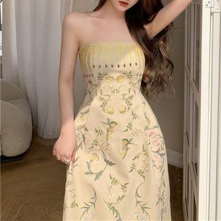 Strapless Embroidered Midi A-line Dress