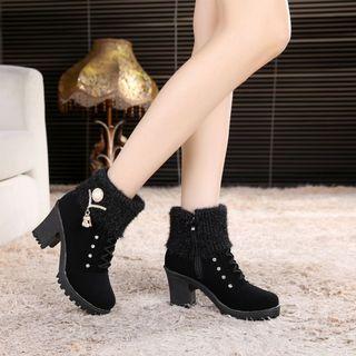 Chunky-heel Embellished Fleece-lining Ankle Boots