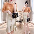 Set: Puff-sleeve Blouse + Ruffle Hem Pencil Skirt