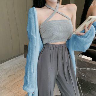 Halter-neck Ribbed Camisole Top Camisole - Gray - One Size