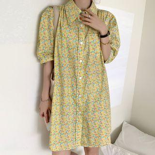 Balloon-sleeve Floral Print Shirtdress