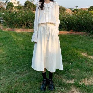 Bell-sleeve Tie-neck Plain Blouse White - One Size