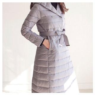 Hooded Duck Down Puffer Long Coat With Sash