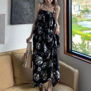 Spaghetti Strap Floral Print Maxi Smock Dress Black - One Size