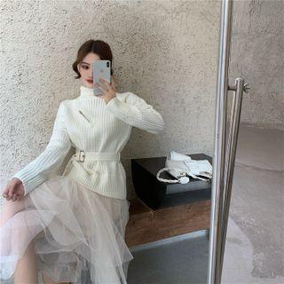 Mock-neck Plain Striped Sweater / Mesh A-line Skirt