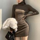 Turtleneck Ribbed Knit Mini Sheath Dress / Single-breasted Fluffy Vest