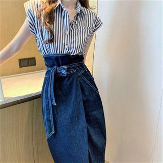 Cap-sleeve Striped Shirt / High-waist Denim Pencil Skirt