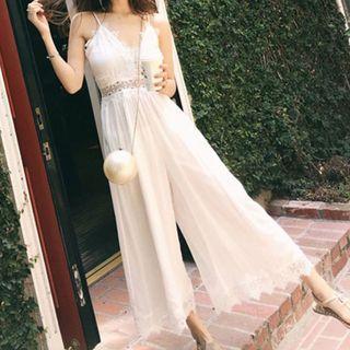 Spaghetti Strap Lace-panel Wide-leg Jumpsuit