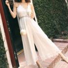 Spaghetti Strap Lace-panel Wide-leg Jumpsuit