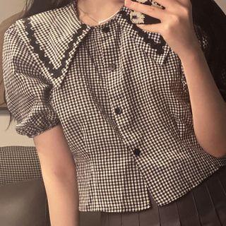 Puff-sleeve Gingham Cropped Blouse Gingham - Black - One Size