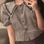 Puff-sleeve Gingham Cropped Blouse Gingham - Black - One Size