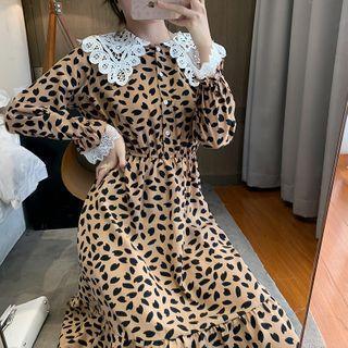 Long-sleeve Print Midi A-line Dress / Knit Vest