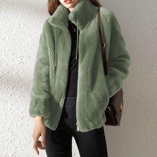 Long-sleeve Zip Plain Faux Furry Jacket
