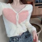 Heart Print Button-up Knit Top White & Pink - One Size