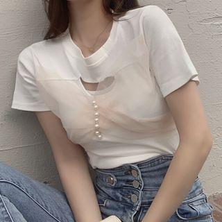 Short-sleeve Mesh Bow T-shirt