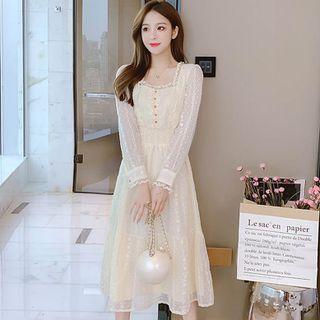 Long-sleeve Square-neck Lace Panel Buttoned Dress