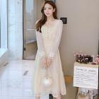 Long-sleeve Square-neck Lace Panel Buttoned Dress