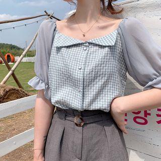 Puff-sleeve Panel Gingham Cropped Blouse