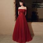 Off-shoulder Fringed Mesh A-line Evening Gown