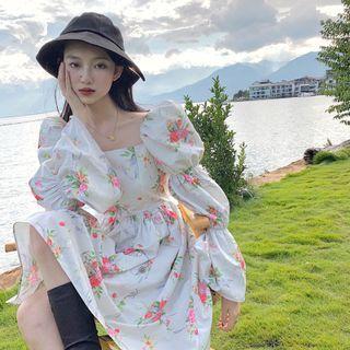 Long-sleeve Square-neck Floral Print Dress As Figure - One Size