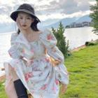 Long-sleeve Square-neck Floral Print Dress As Figure - One Size