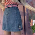 Set: Bow Embroidered Denim Mini A-line Skirt + Belt