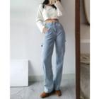 Color-block Long-sleeve Crop Top / High-waist Loose-fit Jeans