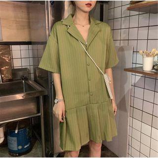 Striped Elbow-sleeve Pleated Shirt Dress