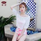 Set: Floral Frill Trim Bikini + Elbow-sleeve Lace Cover-up Top