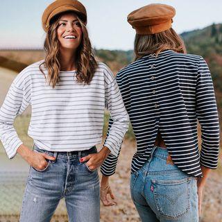 Long-sleeve Slit-back Striped Top