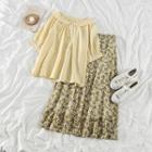 Buttoned Short-sleeve Blouse / Flower Print Midi A-line Skirt