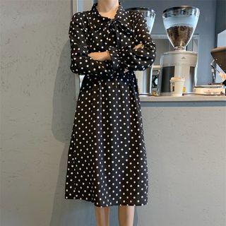 Tie-neck Dotted Long-sleeve A-line Dress