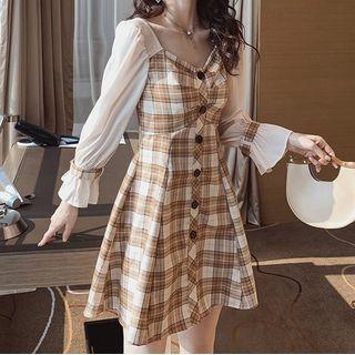 Flared-cuff Plaid Shirred A-line Dress