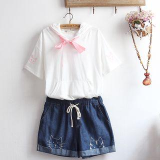 Set: Short-sleeve Rabbit Hoodie + Denim Shorts