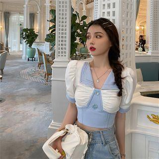 Puff-sleeve Color Block Cropped Top