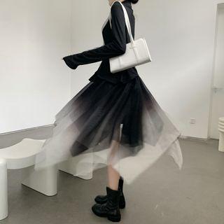 Long-sleeve Asymmetrical Wrapped Top / Ombre A-line Skirt