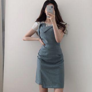 Set: Short-sleeve Mesh Top + Spaghetti Strap Asymmetric Mini Sheath Dress