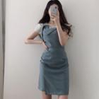 Set: Short-sleeve Mesh Top + Spaghetti Strap Asymmetric Mini Sheath Dress