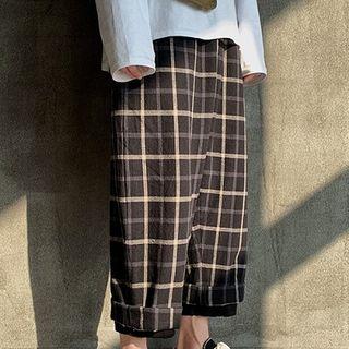 Mock Two-piece Color-block Plaid High-waist Pants