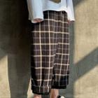 Mock Two-piece Color-block Plaid High-waist Pants