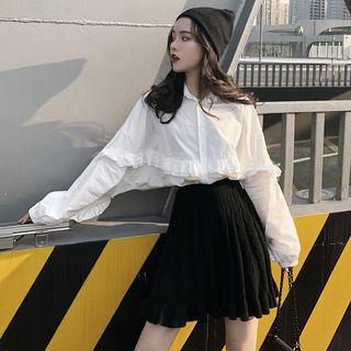 Set: Frilled Trim Puff Sleeve Blouse + Pleated A-line Skirt